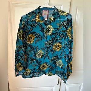 Johnny Was Teal and Yellow Floral burnout velvet Blouse